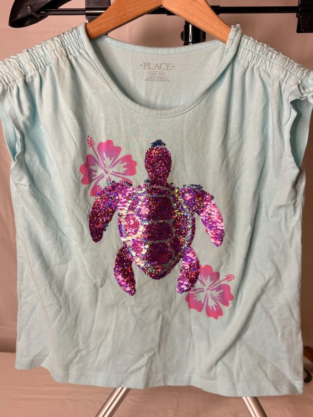 The Children's Place Girls Flip Sequin Sea Turtle Hibiscus Graphic Tee 7/8 Y2K